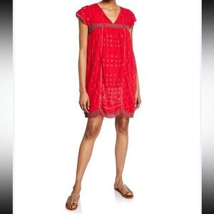 Johnny Was Daisy Cap Sleeve Eyelet Shift Red Dress with Slip Size Medium